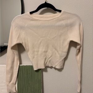 Women's Cream Ribbed Long-Sleeve Crop Top